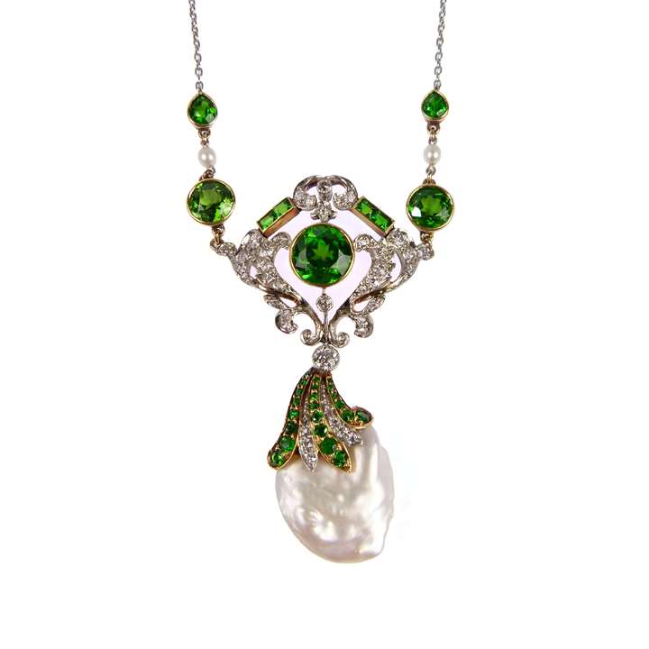 Antique demantoid garnet, diamond and pearl pendant necklace